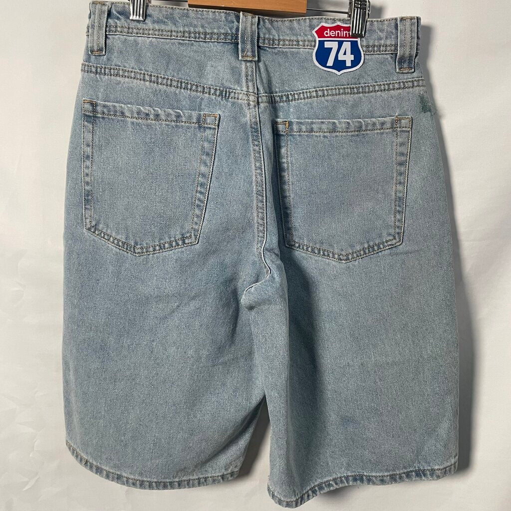 74 Is War Blue Denim Patch Shorts Sz. 32