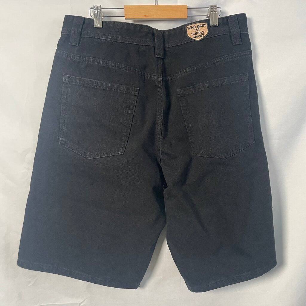 74 Is War Black Denim Patch Shorts Sz. 32