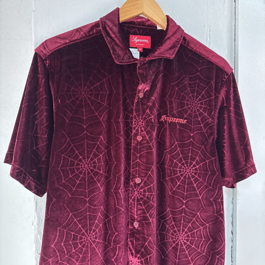 RED SUPREME VELVET SPIDER WEB BUTTON UP SZ M