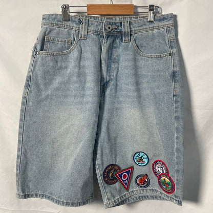 74 Is War Blue Denim Patch Shorts Sz. 32