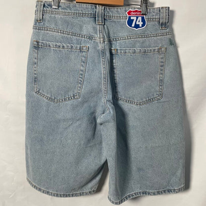 74 Is War Blue Denim Patch Shorts Sz. 32