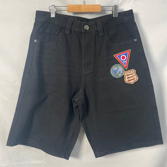 74 Is War Black Denim Patch Shorts Sz. 32
