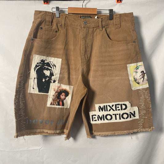 Mixed Emotion Tan PatchWork Shorts Sz. 36
