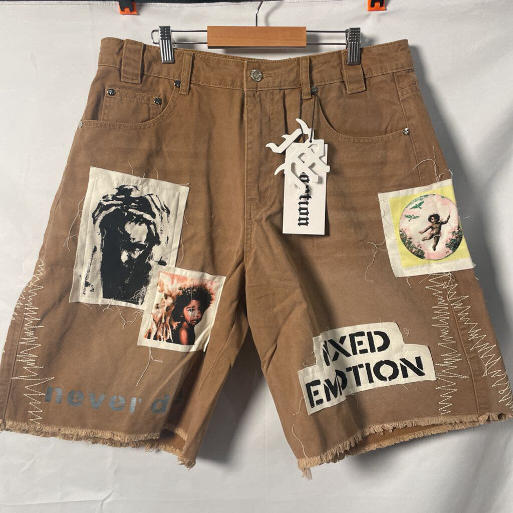 Mixed Emotion Tan PatchWork Shorts Sz. 34