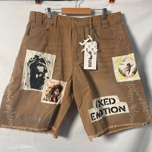 Mixed Emotion Tan PatchWork Shorts Sz. 34