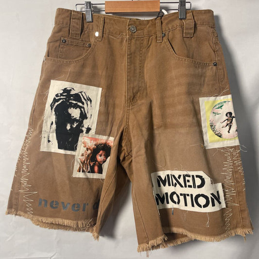 Mixed Emotion Tan PatchWork Shorts Sz. 32